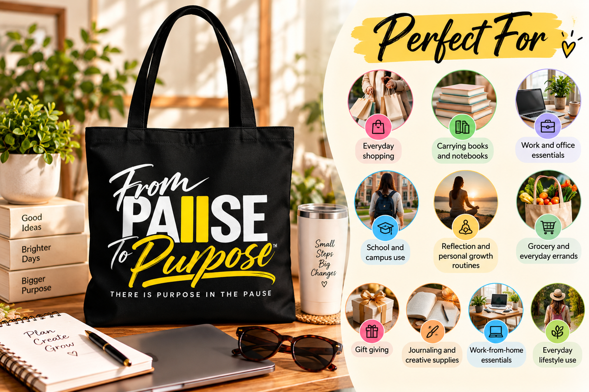 From Pause to Purpose Black Tote Bag