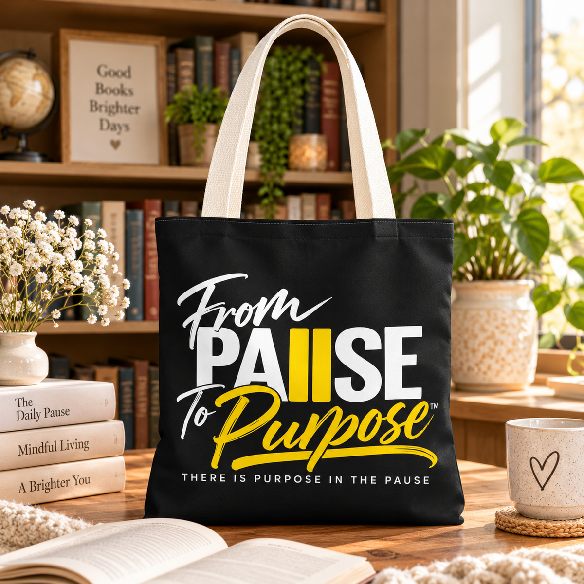 From Pause to Purpose Black Tote Bag